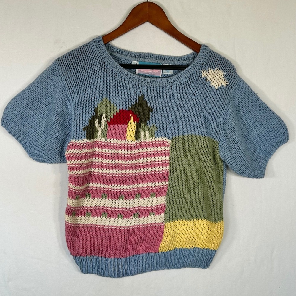 Santa Cruz Vintage Short Sleeve Knit Sweater Blue Cottagecore Landscape Small